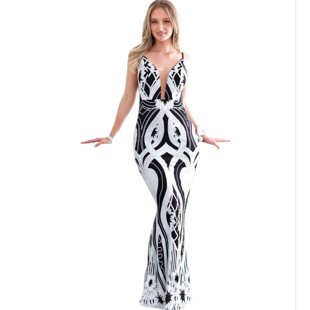 White/Black Sequined Illusion Plunge Mesh V Neck/Sides Mermaid Gown